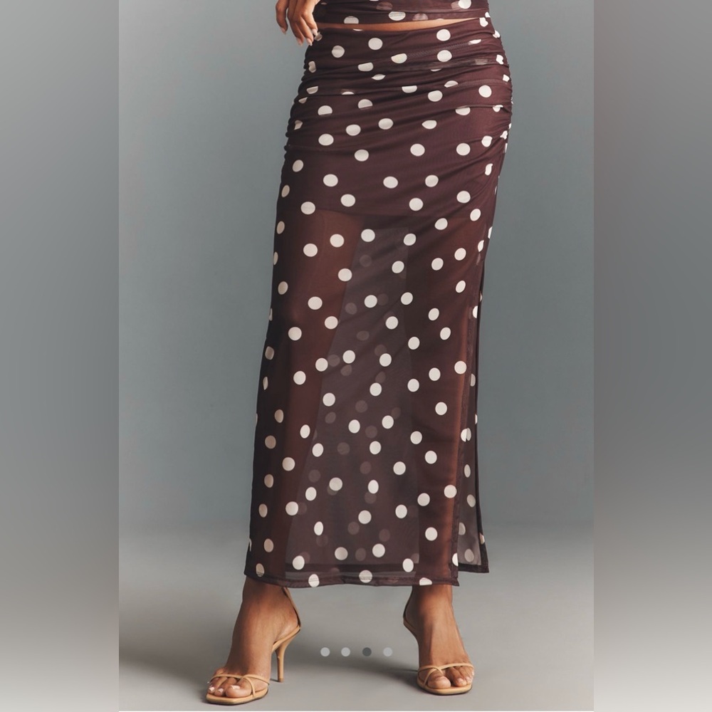Maeve Chocolate Brown and Cream Polka Dot Midi Skirt - Picture 3 of 4